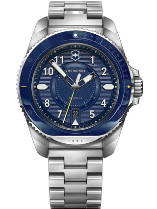 Front view of Victorinox 242010 Blue Dial Silver Stainless Steel Unisex Watch on white background