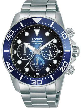 Front view of Lorus Chronograph RT343JX9 Blue Dial Silver Stainless Steel Unisex Watch on white background