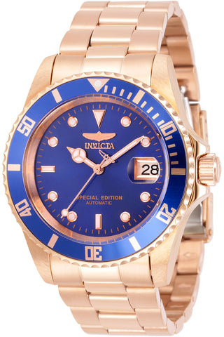 Front view of Invicta Pro Diver INV30601 Blue Dial Rose Gold Stainless Steel Mens Watch on white background