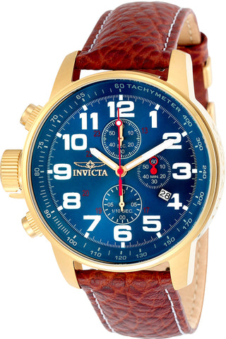 Front view of Invicta I-Force Chronograph INV3329 Blue Dial Brown Leather Mens Watch on white background