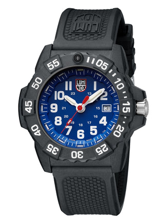 Angle shot of Luminox XS.3503.F Blue Dial Black Silicone Unisex Watch on white background