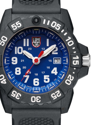 Front view of Luminox XS.3503.F Blue Dial Black Silicone Unisex Watch on white background