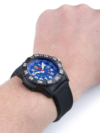 Angle shot of Luminox XS.3503.F Blue Dial Black Silicone Unisex Watch on white background