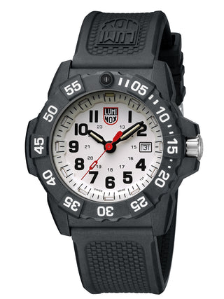 Angle shot of Luminox XS.3507 White Dial Black Silicone Unisex Watch on white background