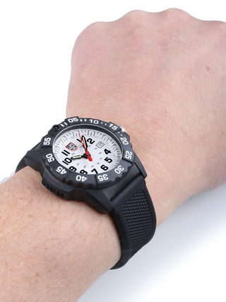 Angle shot of Luminox XS.3507 White Dial Black Silicone Unisex Watch on white background