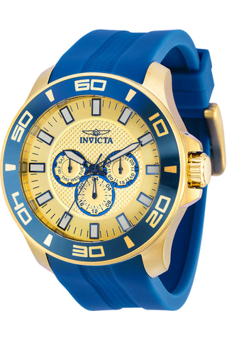 Front view of Invicta Pro Diver INV36609 Gold Dial Blue Silicon Mens Watch on white background