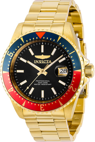 Front view of Invicta Pro Diver INV36791 Black Dial Gold Stainless Steel Mens Watch on white background