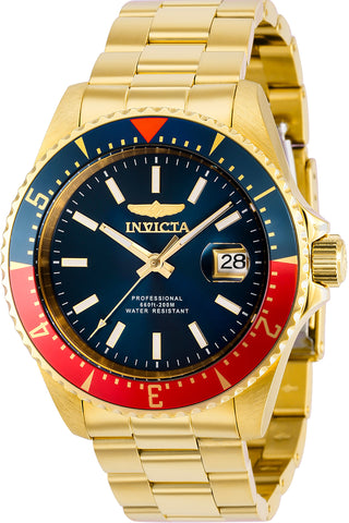 Front view of Invicta Pro Diver INV36792 Blue Dial Gold Stainless Steel Mens Watch on white background