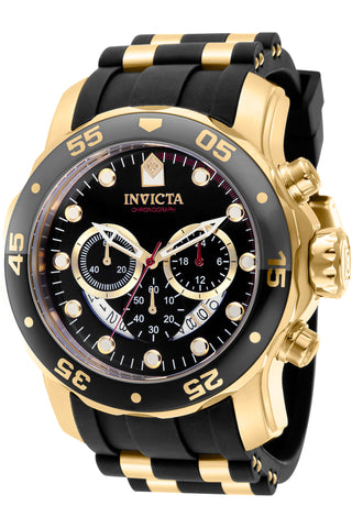 Front view of Invicta Pro Diver Chronograph INV37228 Black Dial Gold Stainless Steel Mens Watch on white background