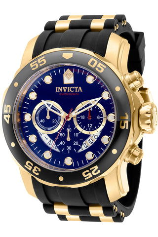 Front view of Invicta Pro Diver Chronograph INV37229 Blue Dial Gold Stainless Steel Mens Watch on white background