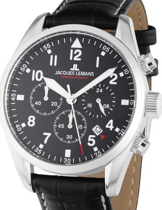 Front view of Jacques Lemans Chronograph 42-2A Black Leather Unisex Watch on white background