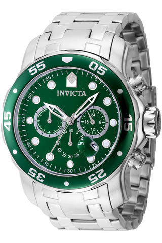 Front view of Invicta Pro Diver Chronograph INV47559 Green Dial Grey Stainless Steel Mens Watch on white background