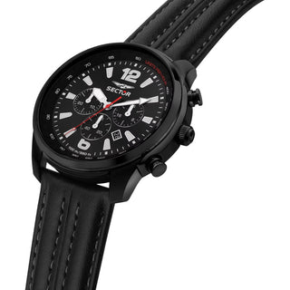 Angle shot of Sector Oversize Chronograph R3271602008 Black Leather Unisex Watch on white background