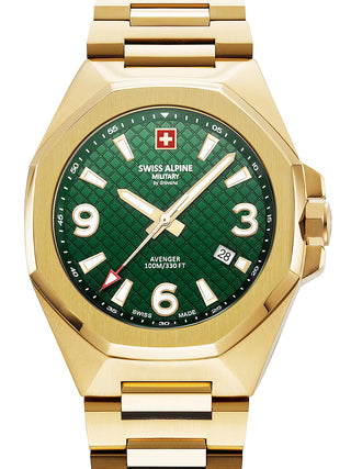 Front view of Swiss Alpine Military 7005.1114 Green Dial Gold Stainless Steel Unisex Watch on white background