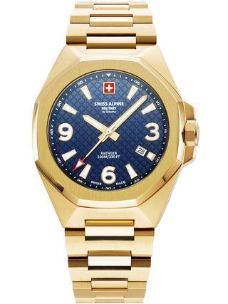 Angle shot of Swiss Alpine Military 7005.1115 Blue Dial Gold Stainless Steel Unisex Watch on white background