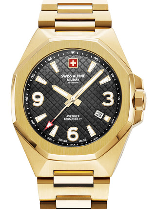 Front view of Swiss Alpine Military 7005.1117 Black Dial Gold Stainless Steel Unisex Watch on white background