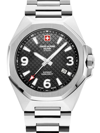 Front view of Swiss Alpine Military 7005.1137 Black Dial Silver Stainless Steel Unisex Watch on white background