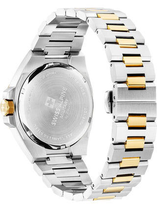 Angle shot of Swiss Alpine Military 7005.1144 Gold Dial Green Stainless Steel Unisex Watch on white background