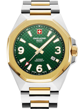 Front view of Swiss Alpine Military 7005.1144 Gold Dial Green Stainless Steel Unisex Watch on white background