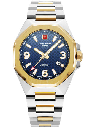 Angle shot of Swiss Alpine Military 7005.1145 Gold Dial Blue Stainless Steel Unisex Watch on white background