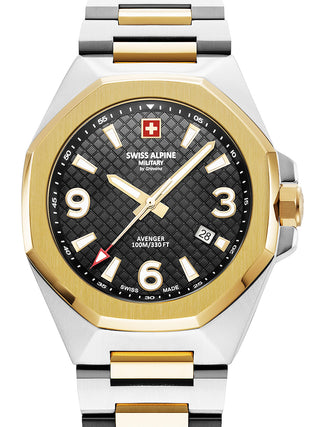 Angle shot of Swiss Alpine Military 7005.1147 Gold Dial Black Stainless Steel Unisex Watch on white background