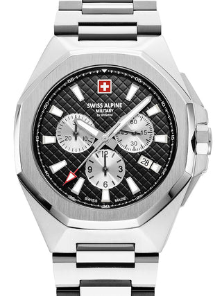 Front view of Swiss Alpine Military Chronograph 7005.9137 Black Dial Silver Stainless Steel Unisex Watch on white background
