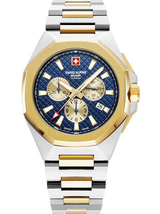 Angle shot of Swiss Alpine Military Chronograph 7005.9145 Blue Dial Gold Stainless Steel Unisex Watch on white background