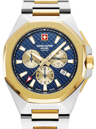 Front view of Swiss Alpine Military Chronograph 7005.9145 Blue Dial Gold Stainless Steel Unisex Watch on white background