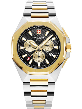 Angle shot of Swiss Alpine Military Chronograph 7005.9147 Black Dial Gold Stainless Steel Unisex Watch on white background