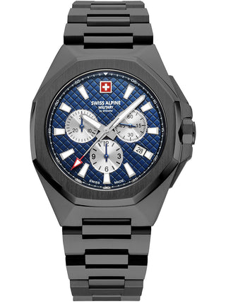 Angle shot of Swiss Alpine Military Chronograph 7005.9175 Blue Dial Black Stainless Steel Unisex Watch on white background
