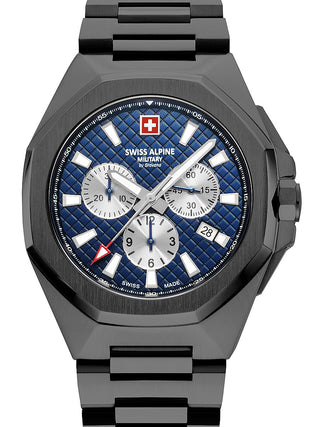 Front view of Swiss Alpine Military Chronograph 7005.9175 Blue Dial Black Stainless Steel Unisex Watch on white background