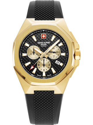 Angle shot of Swiss Alpine Military Chronograph 7005.9817 Gold Dial Black Silicone Unisex Watch on white background