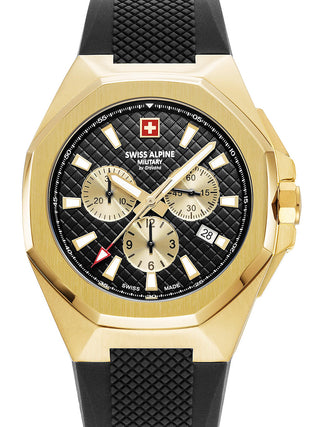 Front view of Swiss Alpine Military Chronograph 7005.9817 Gold Dial Black Silicone Unisex Watch on white background