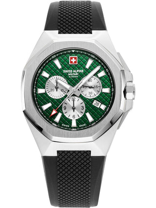 Angle shot of Swiss Alpine Military Chronograph 7005.9834 Green Dial Black Silicone Unisex Watch on white background