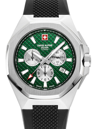 Front view of Swiss Alpine Military Chronograph 7005.9834 Green Dial Black Silicone Unisex Watch on white background