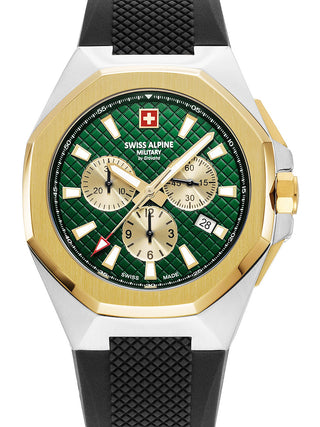 Front view of Swiss Alpine Military Chronograph 7005.9844 Gold Dial Black Silicone Unisex Watch on white background