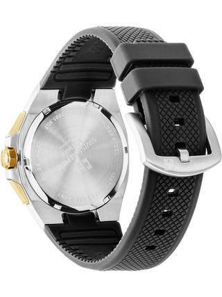 Angle shot of Swiss Alpine Military Chronograph 7005.9847 Gold Dial Black Silicone Unisex Watch on white background