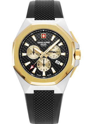 Angle shot of Swiss Alpine Military Chronograph 7005.9847 Gold Dial Black Silicone Unisex Watch on white background