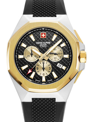 Front view of Swiss Alpine Military Chronograph 7005.9847 Gold Dial Black Silicone Unisex Watch on white background