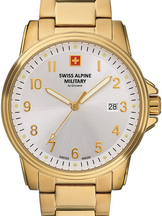 Front view of Swiss Alpine Military 7011.1112 Silver Dial Gold Stainless Steel Unisex Watch on white background