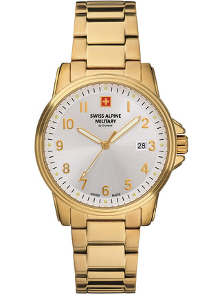 Angle shot of Swiss Alpine Military 7011.1112 Silver Dial Gold Stainless Steel Unisex Watch on white background
