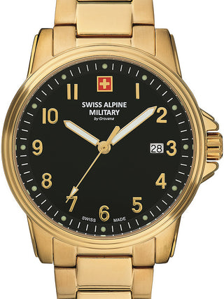 Front view of Swiss Alpine Military 7011.1117 Black Dial Gold Stainless Steel Unisex Watch on white background