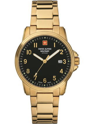 Angle shot of Swiss Alpine Military 7011.1117 Black Dial Gold Stainless Steel Unisex Watch on white background