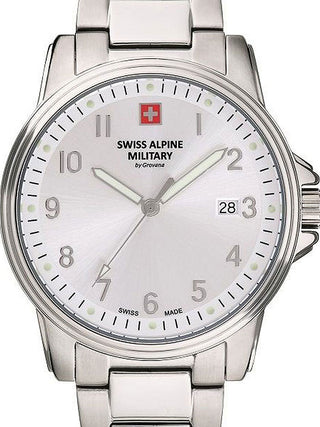 Front view of Swiss Alpine Military 7011.1132 Silver Stainless Steel Unisex Watch on white background