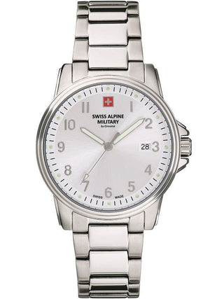 Angle shot of Swiss Alpine Military 7011.1132 Silver Stainless Steel Unisex Watch on white background