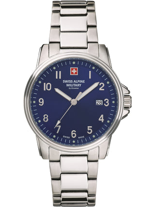 Angle shot of Swiss Alpine Military 7011.1135 Blue Dial Silver Stainless Steel Unisex Watch on white background