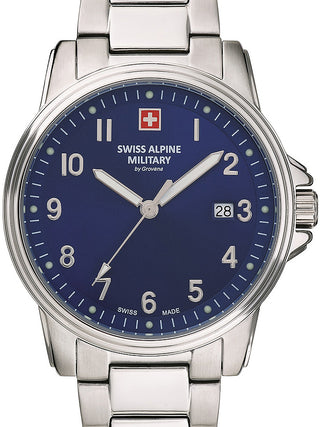 Front view of Swiss Alpine Military 7011.1135 Blue Dial Silver Stainless Steel Unisex Watch on white background