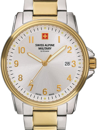 Front view of Swiss Alpine Military 7011.1142 Silver Dial Gold Stainless Steel Unisex Watch on white background