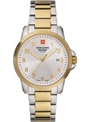 Angle shot of Swiss Alpine Military 7011.1142 Silver Dial Gold Stainless Steel Unisex Watch on white background