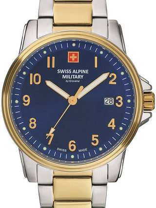 Front view of Swiss Alpine Military 7011.1145 Blue Dial Gold Stainless Steel Unisex Watch on white background